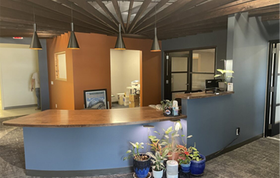 Curved front welcome desk at Summit's Missoula office