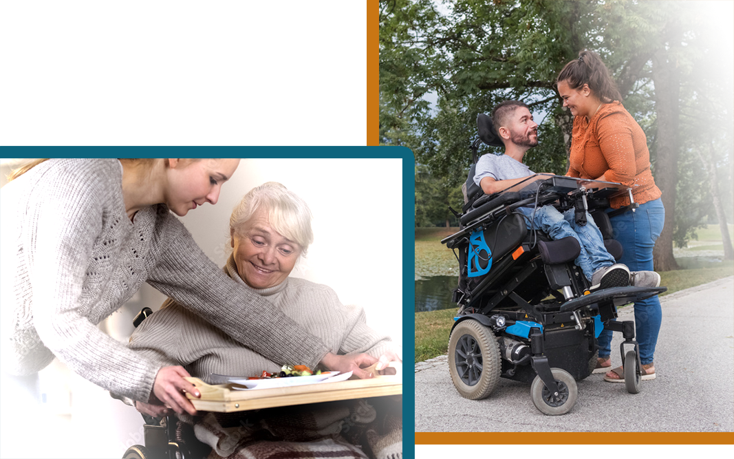 One image depicts a young woman setting a tray of food on an older woman's lap, who is using a wheelchair and a second image depicts a brunette woman assisting a young man with facial chair using a power wheelchair
