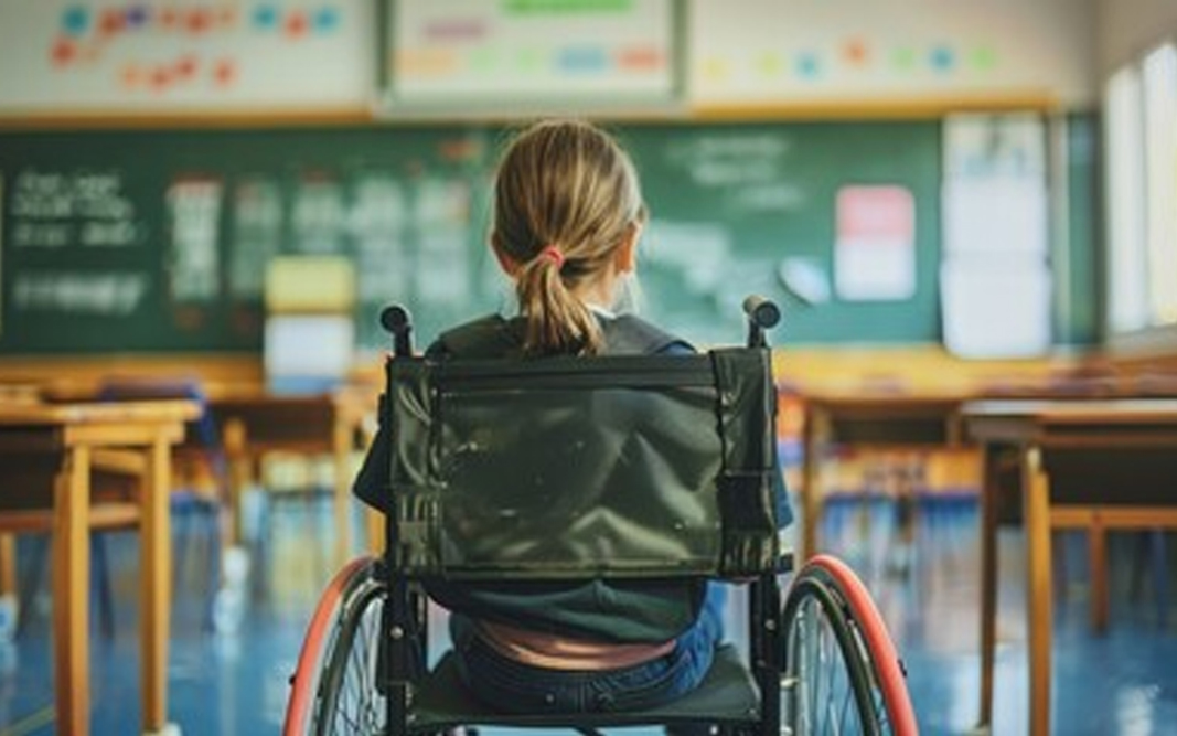 Young girl sitting in a manual wheelchair facing the chalkboard in a classroom