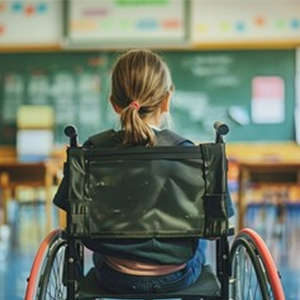 Young girl sitting in a manual wheelchair facing the chalkboard in a classroom
