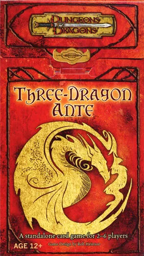 Picture of a three-dragon ante card, with a red background and an illustration of a golden dragon curled into a circle. Above, medieval-looking text reads Three Dragon Ante.