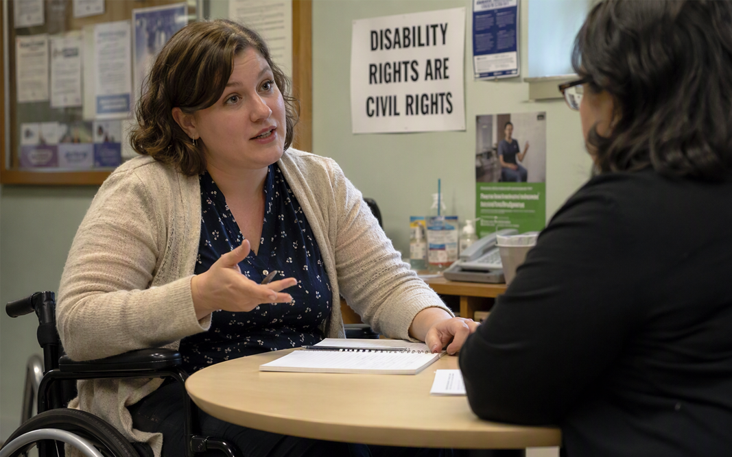 Woman using a wheelchair speaks with another person at a round table; a “Disability Rights Are Civil Rights” sign hangs behind them.
