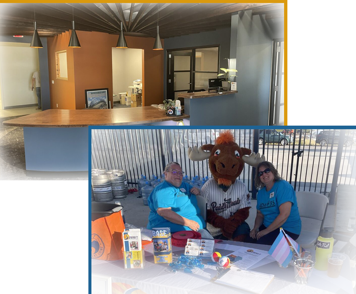 about page Collage of Summit's front desk area and an outdoor event booth, where two people pose with the Missoula Paddlehead's mascot at a table.